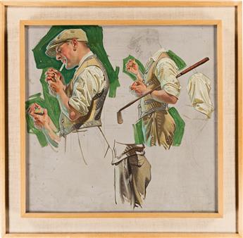 JOSEPH CHRISTIAN LEYENDECKER (1874-1951) Golfer Lighting a Cigarette. [GOLF / SMOKING]